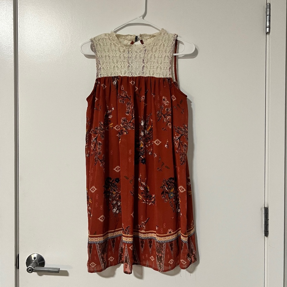 Short Straight Cut Dress with Terra Cotta body with Floral Pattern and Lace Top